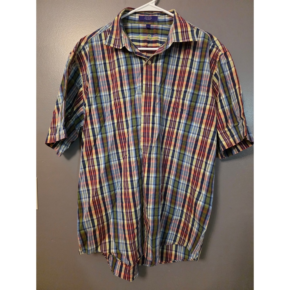 Alan Flusser Mens Large Short Sleeve Plaid Button Up Shirt Multicolor Cotton L